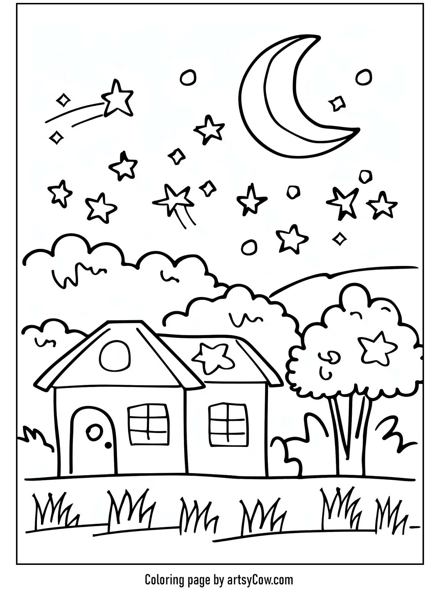 a serene nighttime scene with a quaint house under a starry sky